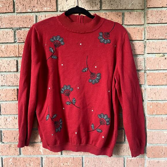 Alfred Dunner Red Beaded Embroidered Mock neck Sweater size Large - Picture 1 of 6
